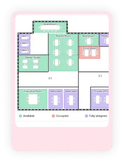 Interactive floor plan with desk and room availability