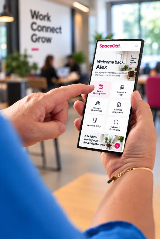A member using the branded SpaceCtrl app on a phone in a coworking lounge
