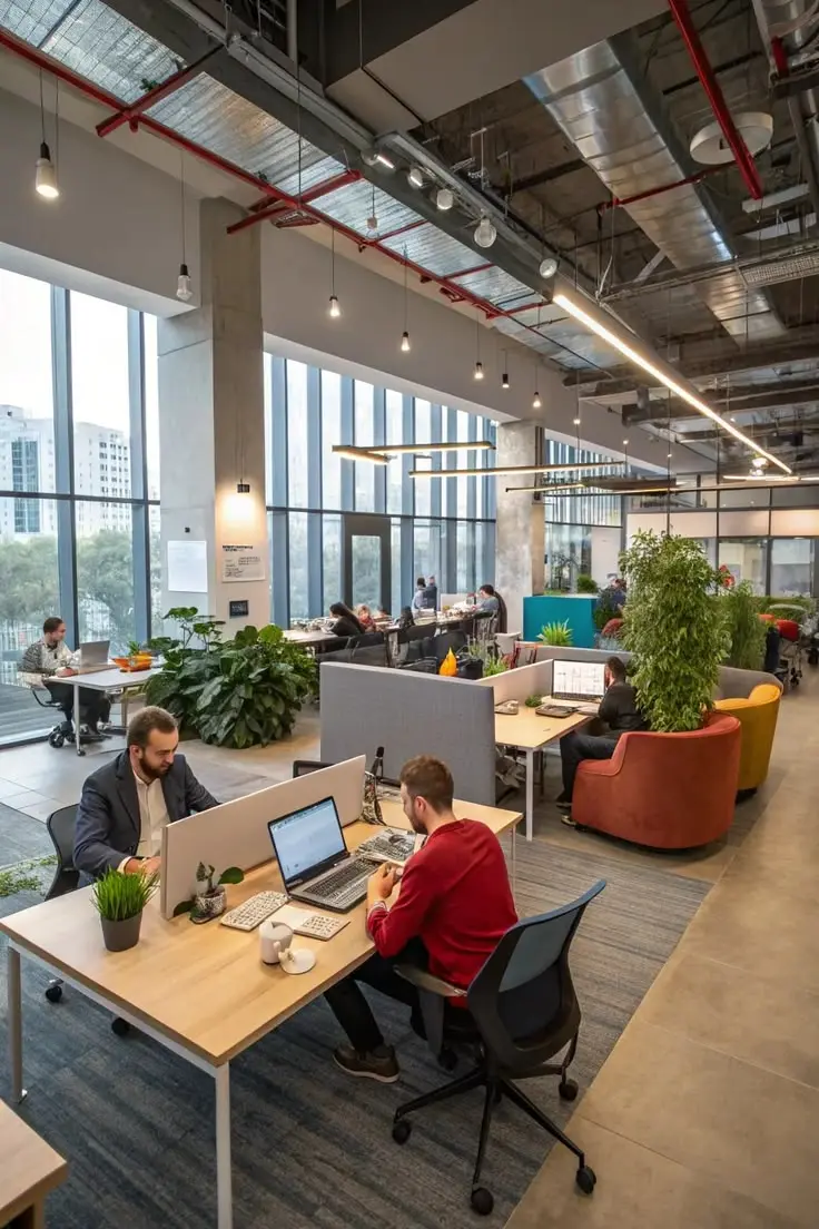 Wide view of a coworking space with several members working